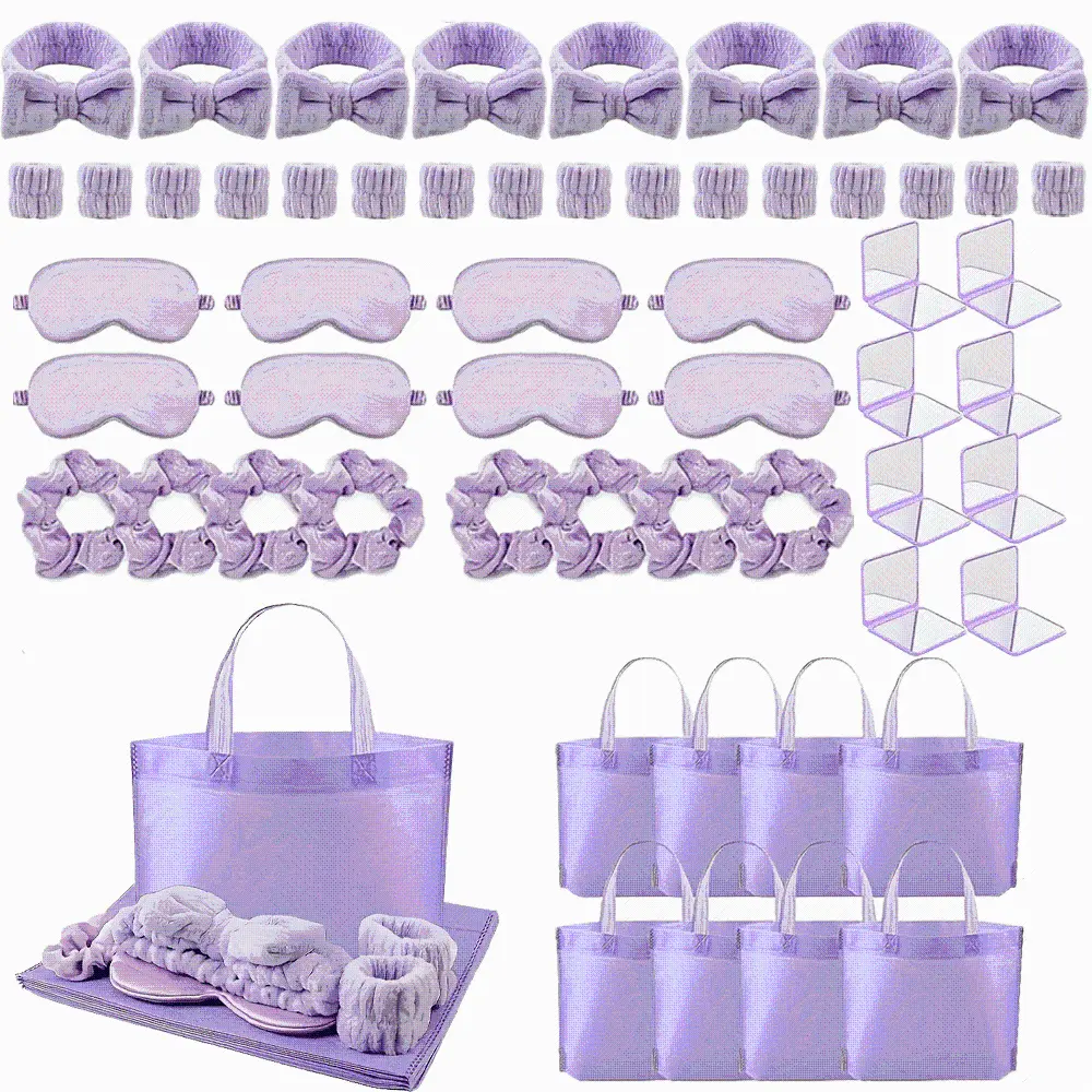56 Pcs Preppy Slumber Party Supplies for Girls Spa Party Favor Kit with Sleep Eye Masks Spa Headbands Wristbands Satin Hair Scrunchies Mini Makeup Mirrors and Tote Bags Perfect For Bridal Shower & Bachelorette Parties