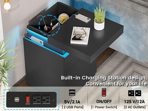 Sikaic Nightstand with LED Lights Charging Station Modern Bedside Table with 3 Storage Drawers and Top Sliding Drawer