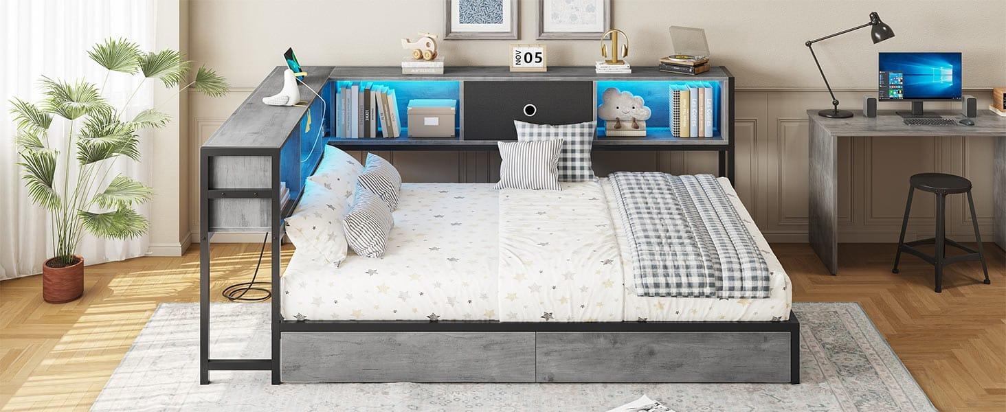 Sikaic LED Daybed with Storage Drawers and Bookcase Headboard Oak Gray Sikaic LED Daybed with Storage Drawers and Bookcase Headboard Oak Gray