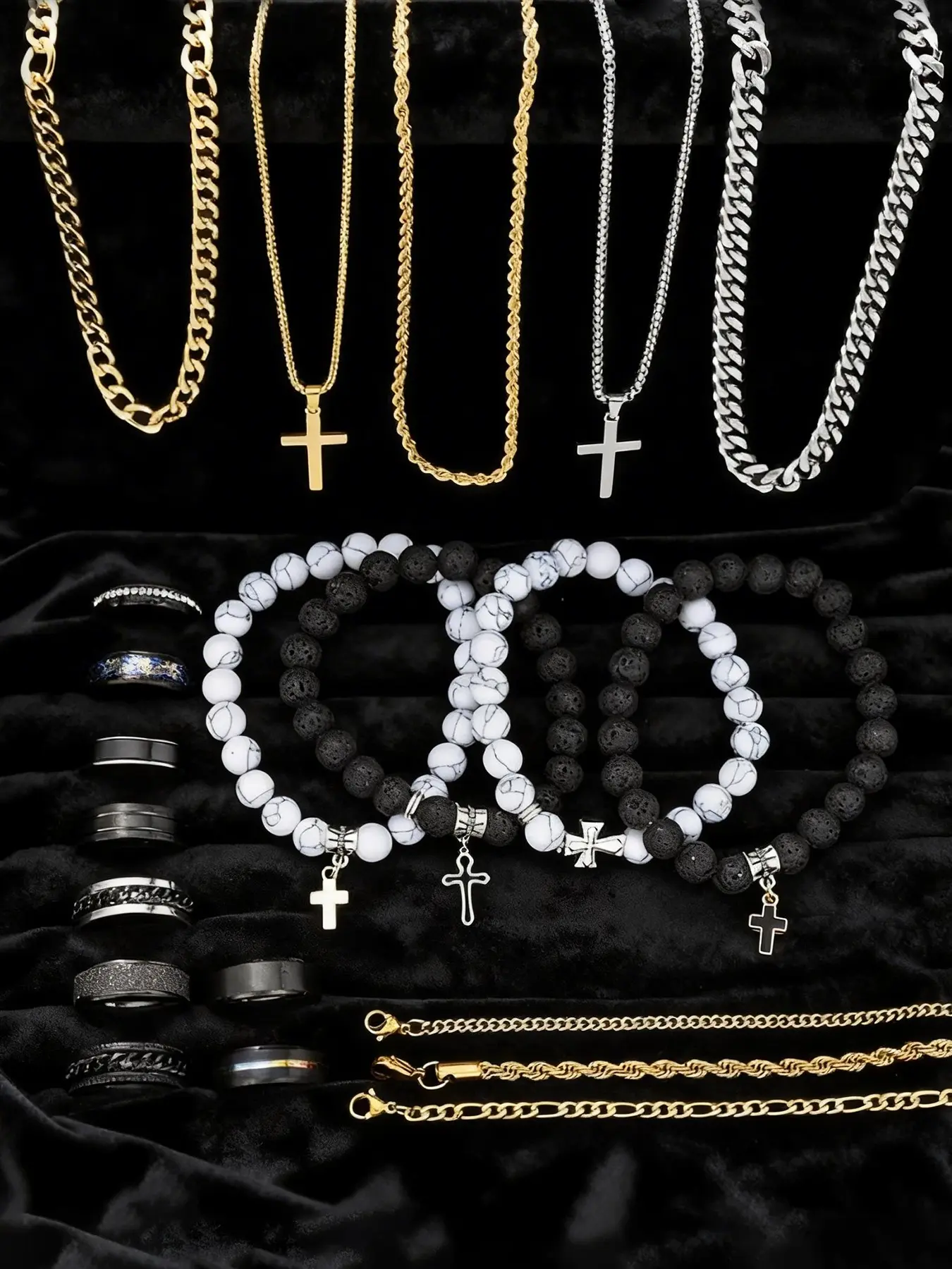 21-Piece Stainless Steel Fashion Jewelry Set for Men, Casual Punk Cross Pendant Necklace, Chain Bracelet and Ring Set, Perfect Statement Gift for Dates