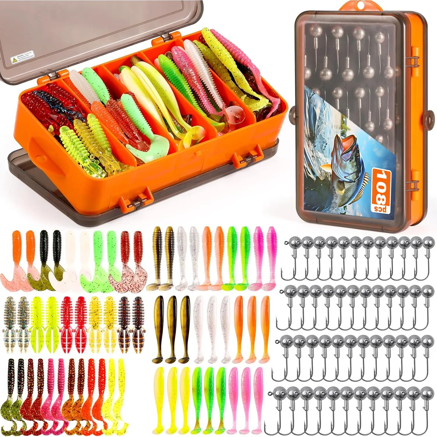 108pcs Fishing Tackle Kit for Bass & Trout, Paddle Tail Swimbaits, Soft Worm Lures, Spoon Lures, Crappie Jigs, Complete Bait Box for Freshwater Fishing Gifts, Artificial Fishing Lure, Complete Tackle Set, Fishing Supplies, Fishing Equipment