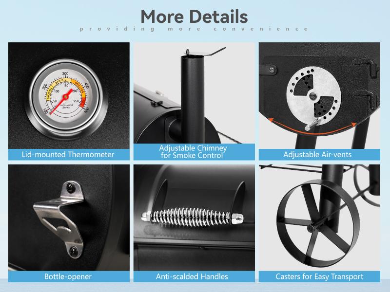 Heavy Duty Outdoor Smoker, BBQ Charcoal Grill with Offset Smoker, 512 Sq.In. Cooking Area, 49.9x24.9x48.1 Inches, Smokeless Design Portable Modern