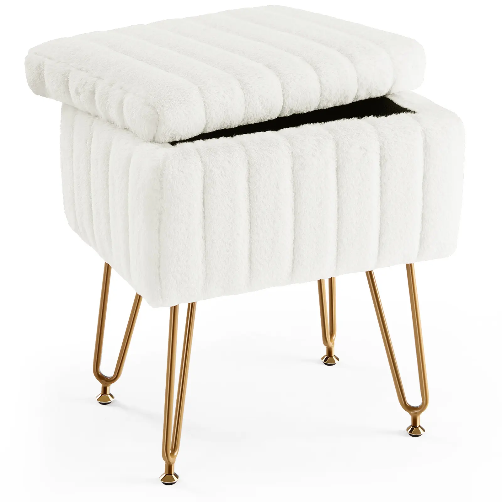 Vanity Stool Chair with Storage, Ottoman Faux Fur Soft Padded Makeup  Footstools Seat with 4 Metal Legs Anti-Slip Adjustable Feet Modern Cute  Small Footrest for Home Entryway Bedroom