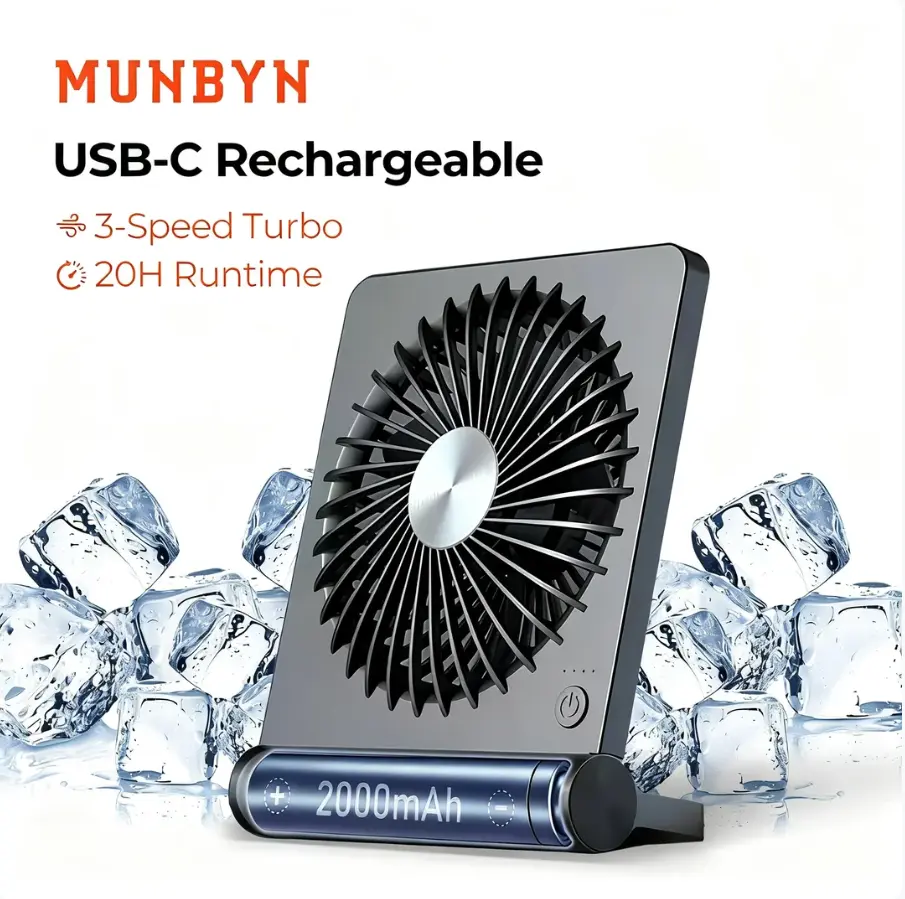 【MUNBYN Mini Desk Fan】Rechargeable Fan with Strong Airflow&2000mAh battery, Portable Fan for Summer with 3 Speed Adjustable Ultra-quiet Table Fan, Room Accessories
