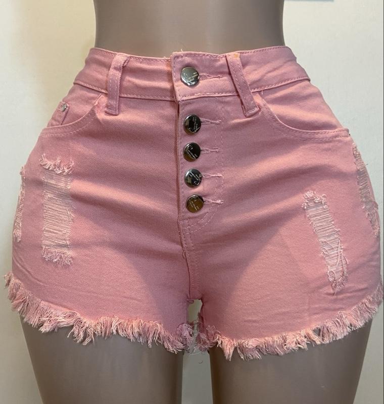 Pink Denim Shorts for Women - Sexy Ripped Design with Elastic Waistband & Frayed Hem Detailing - Machine Washable Casual Chic Bottoms