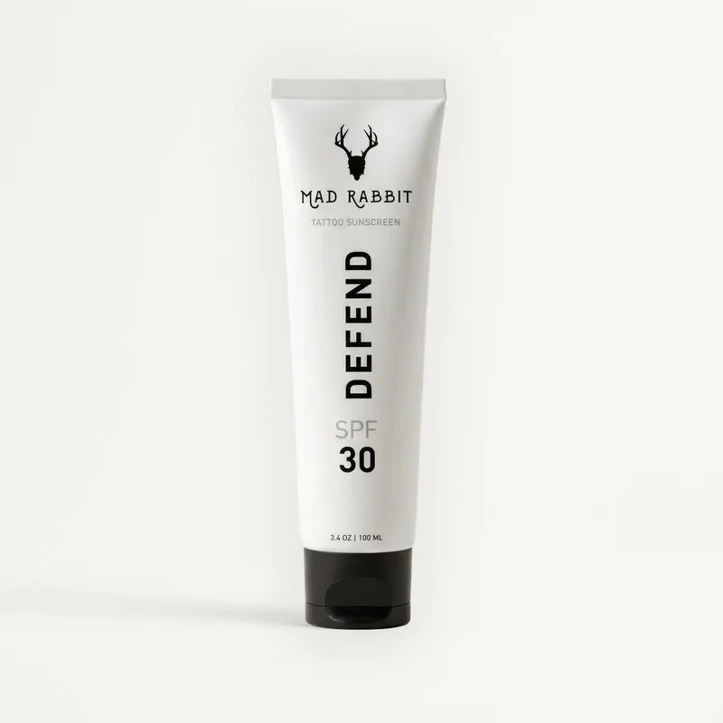 Mad Rabbit Defend Tattoo Sunscreen- SPF 30 100mL Tube- Mineral Sunscreen Lotion - Tattoo Fade Protection and Moisturizer, Anti-Aging Formula