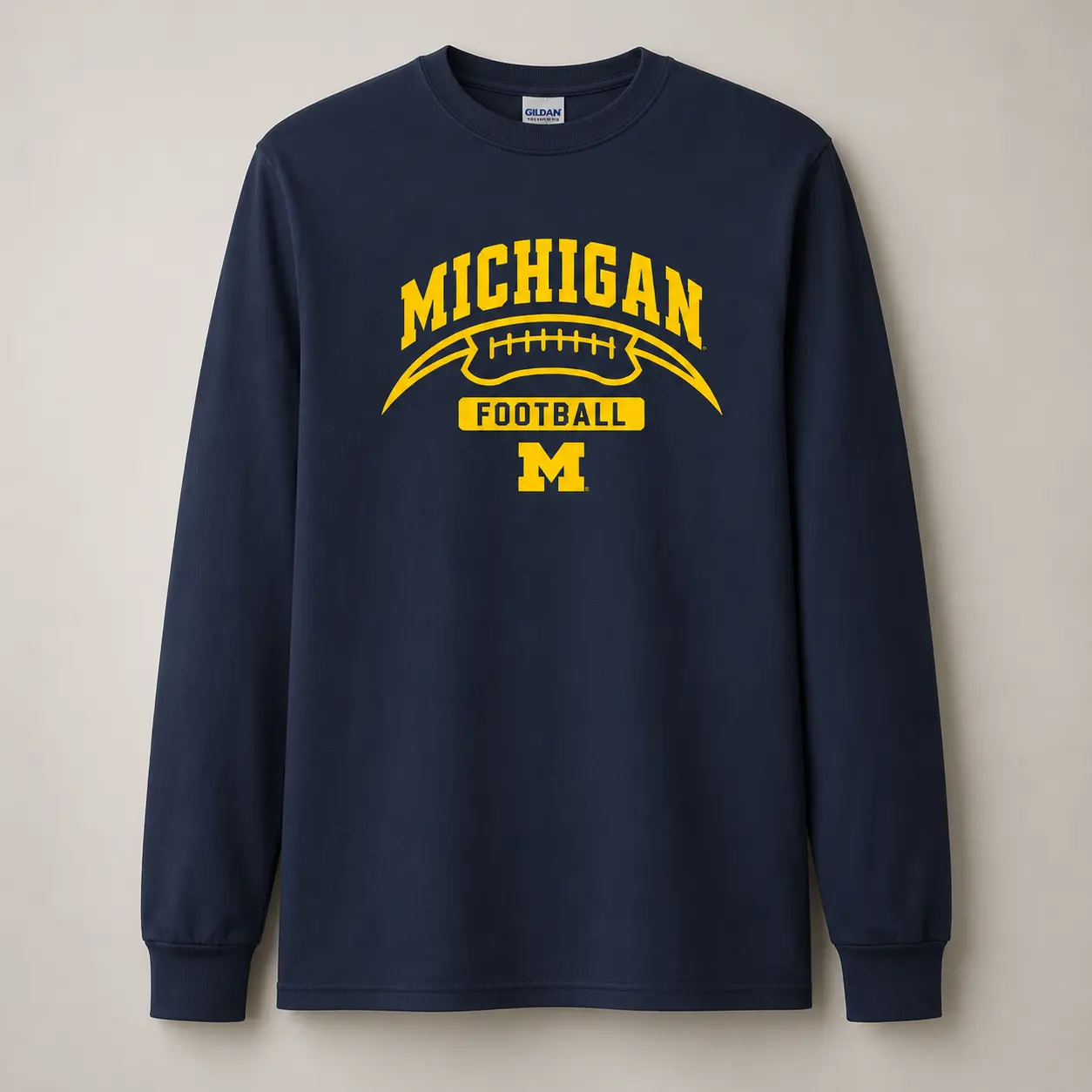 Michigan Football Navy Long Sleeve Shirt, Maize College Football Graphic Tee, Classic Stadium Game Day Fan Apparel, Retro Sports Style Top
