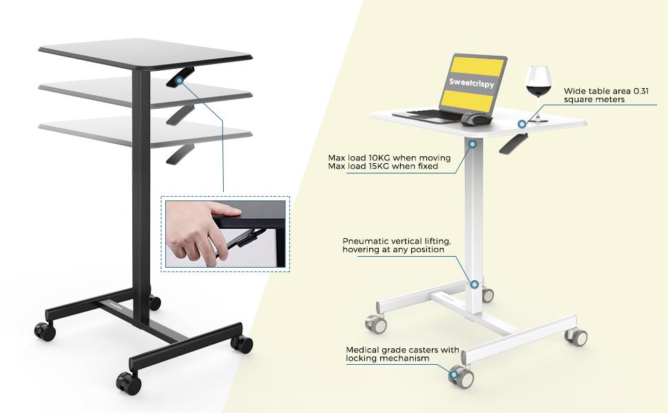 Sweet Furniture Small Mobile Rolling Standing Desk - Overbed Table, Teacher Podium with Wheels, Adjustable Work Table for Home, Office, Classroom