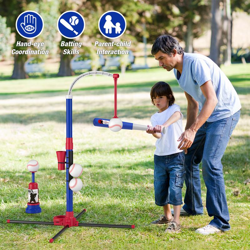 HYES 3-in-1 Baseball Set for Kids 3-5 - Tee Ball Stand, Hanging Tee, Ball Launcher and 6 Softballs - Adjustable Height, Indoor/Outdoor Sport Gifts for Boys Girls, Blue
