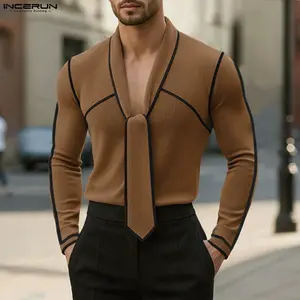 INCERUN Men's Old Money Chic Long Sleeve Top Deep V Neck Tie Detail Slim Shirt