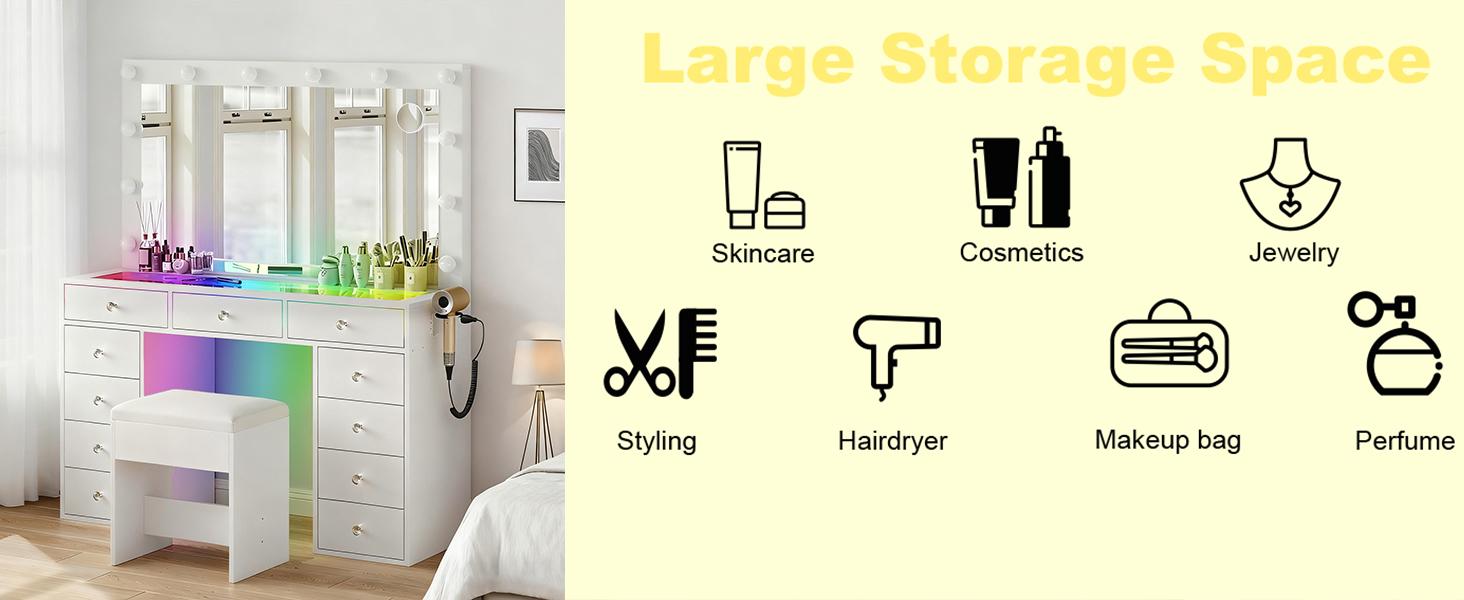 CollaredEagle Dressing Table with Power Socket, 11 Adjustable Lights, Mirror, 7 Drawers, 11 Compartments, Padded Stool for Bedroom, Walk-in Closet, White Vanity Desk Furniture CollaredEagle Dressing Table with Power Socket, 11 Adjustable Lights, Mirror, 7 Drawers, 11 Compartments, Padded Stool for Bedroom, Walk-in Closet, White Vanity Desk Furniture