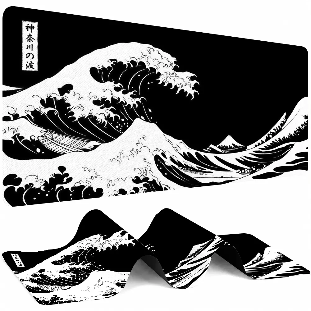 Japanese Great Wave Extended Cloth Gaming Mouse Pad - Large ABS Desktop Accessory, Non-Slip Rubber Base, Stitched Edges, Waterproof Surface for Gamers, Work Accessories, Aesthetic Desk Supplies, PC Use, Aesthetic Desk Accessories