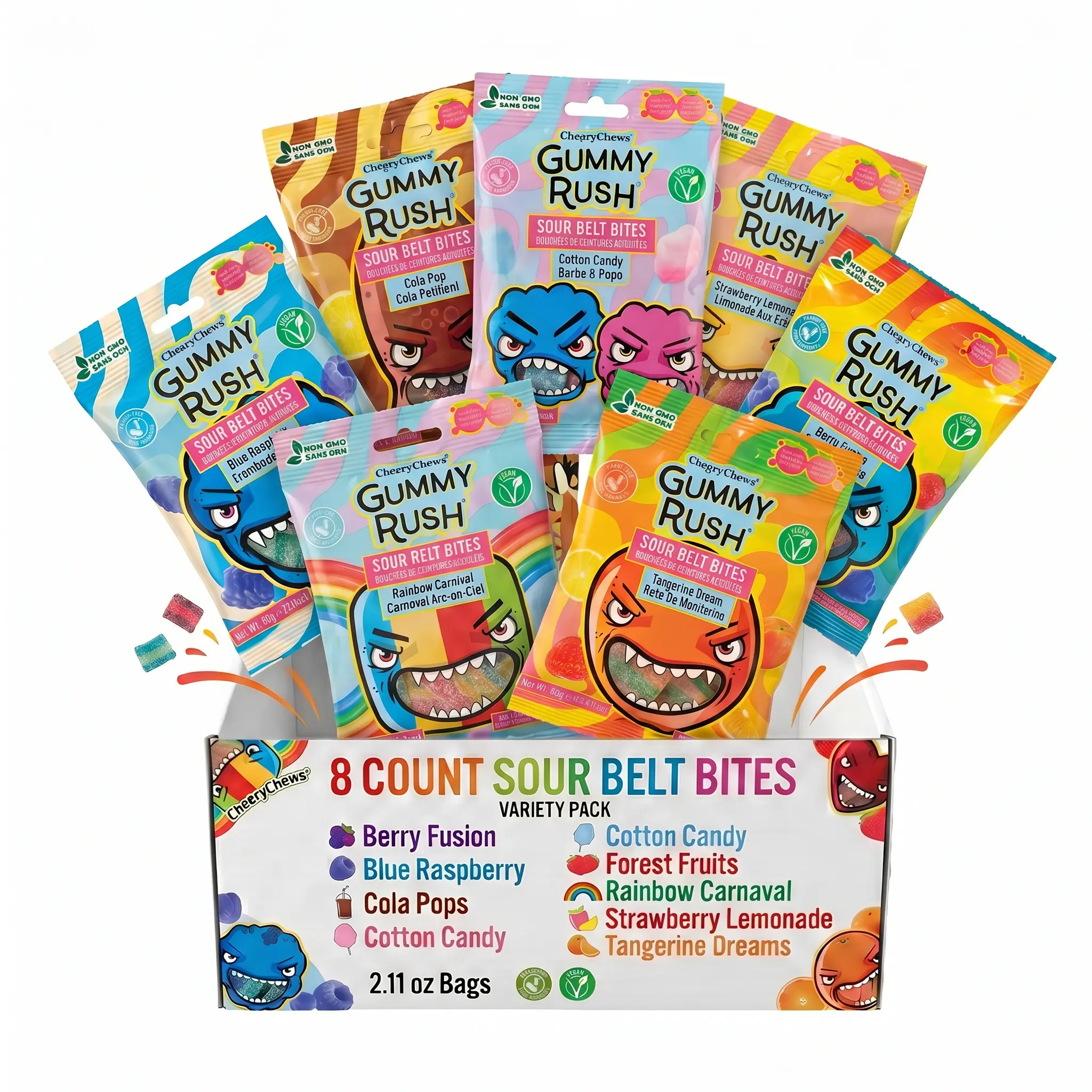 Gummy Rush Sour Belts Variety Pack | 8 Unique Flavors, Non GMO, Real Fruit Juice | Cola Pops, Strawberry Lemonade, Tangerine Dreams & More