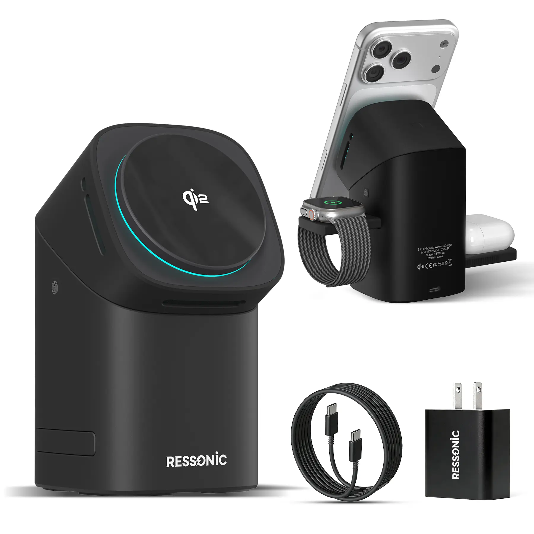 RESSONIC 3 in 1 Wireless Charger Fast Charging Qi2 Certified for iPhone iWatch AirPods Magnetic Automatic Rotation Touch Pop-Up Charging Station Easy Carry