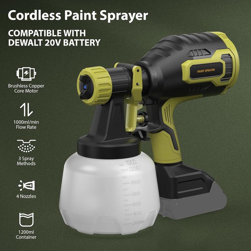 Cordless Paint Sprayer Compatible with Dewalt 20V Battery(Battery Not Included),1000ml/min High Flow,1200ml Container,150 Din/s Max Viscosity,Paint Sprayer for Furniture & Cabinets