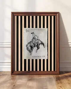 [Sale up to 50%] Rodeo Cowboy Postage Print, Western Wall Art with Stripes, Mid Century Rustic Ranch Home Decor, Vintage Horse Poster (No Frame)