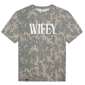 White WIFEY Letter Washed Out Tee Mossy Oak Greenleaf, Mossy Oak Greenleaf White WIFEY Printing Short Sleeve Shirt