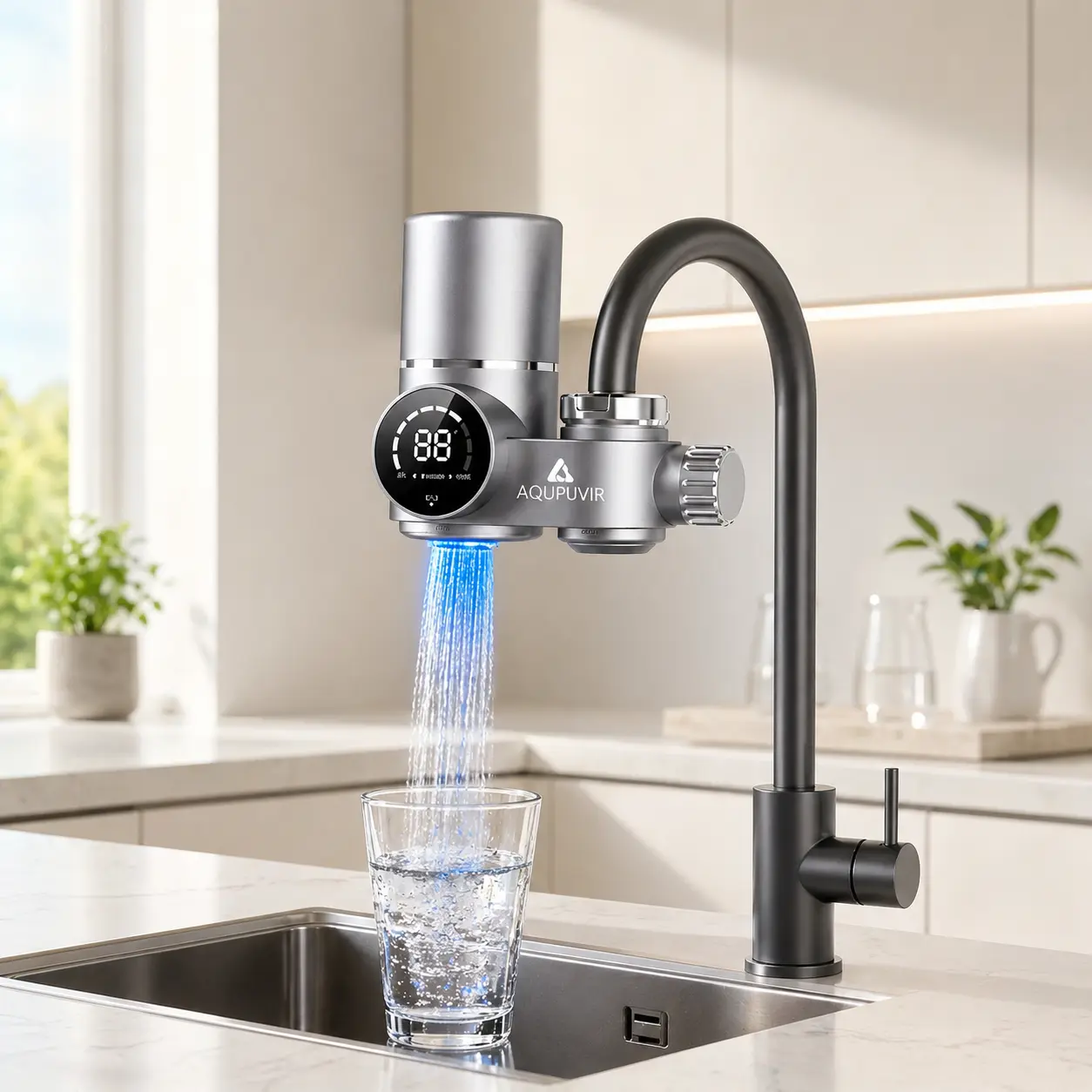 LED Display Kitchen Faucet Water Filter for Sink, Dual-Head Tap Filter with Replaceable Cartridge, Easy DIY Installation, Helps Reduce Chlorine Taste & Odor, Includes 1 Filter Cartridge