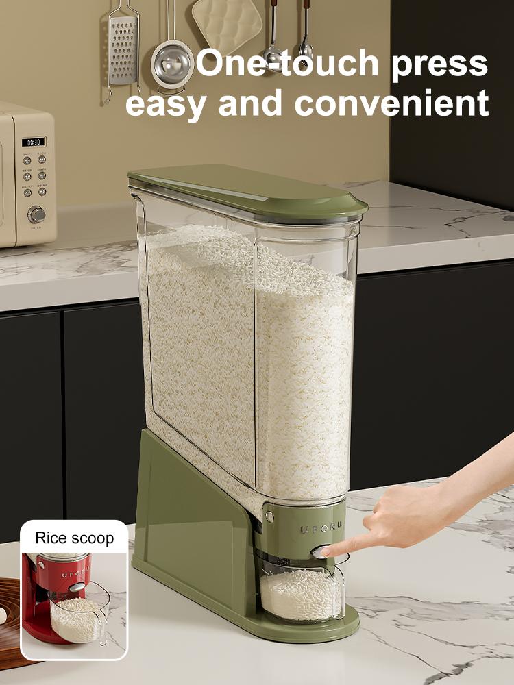 UFORU Rice Dispenser 22lb, Slim Rice Storage Container for Small Spaces, BPA-Free Clear Dry Food Dispenser Sealed Moisture-Proof, Grains & Cereals Storage Bucket for Kitchen Pantry Home Use,Utensils Airtight, Cream Color Coffee Large Milk White