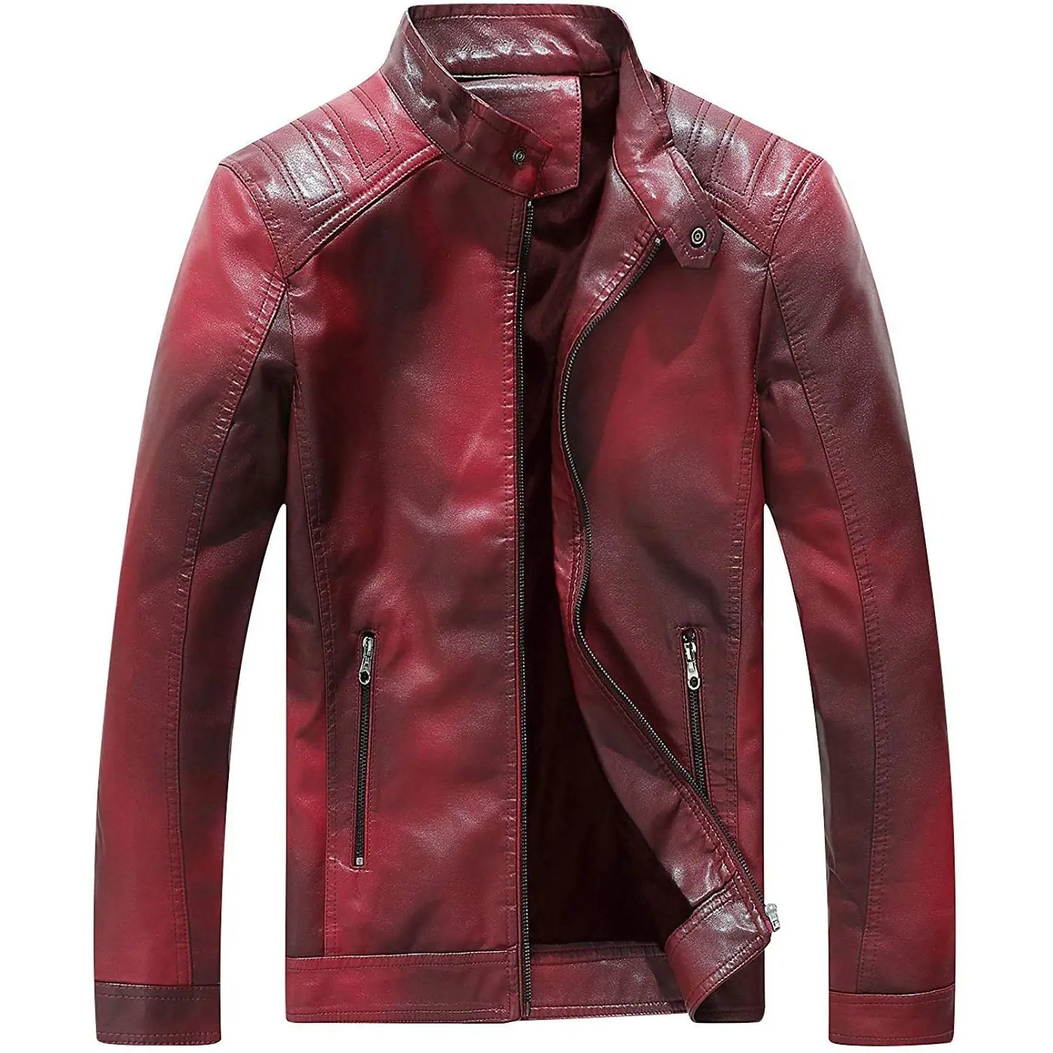 Men's Fitted Vintage Faux Leather Stand Collar Motorcycle Biker Bomber Jacket - Pull-On, Long-Sleeve Polyester, Modern Design, Streetwear Attitude, Damp Wipe Only, Cool Iron Casual Coat, Zipper, Men's Clothing