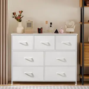【Value】Organizer Storage, Chest Fabric Bins, Long Dresser with Wood Top for Bedroom, Closet, Entryway, 7-Drawers dressers
