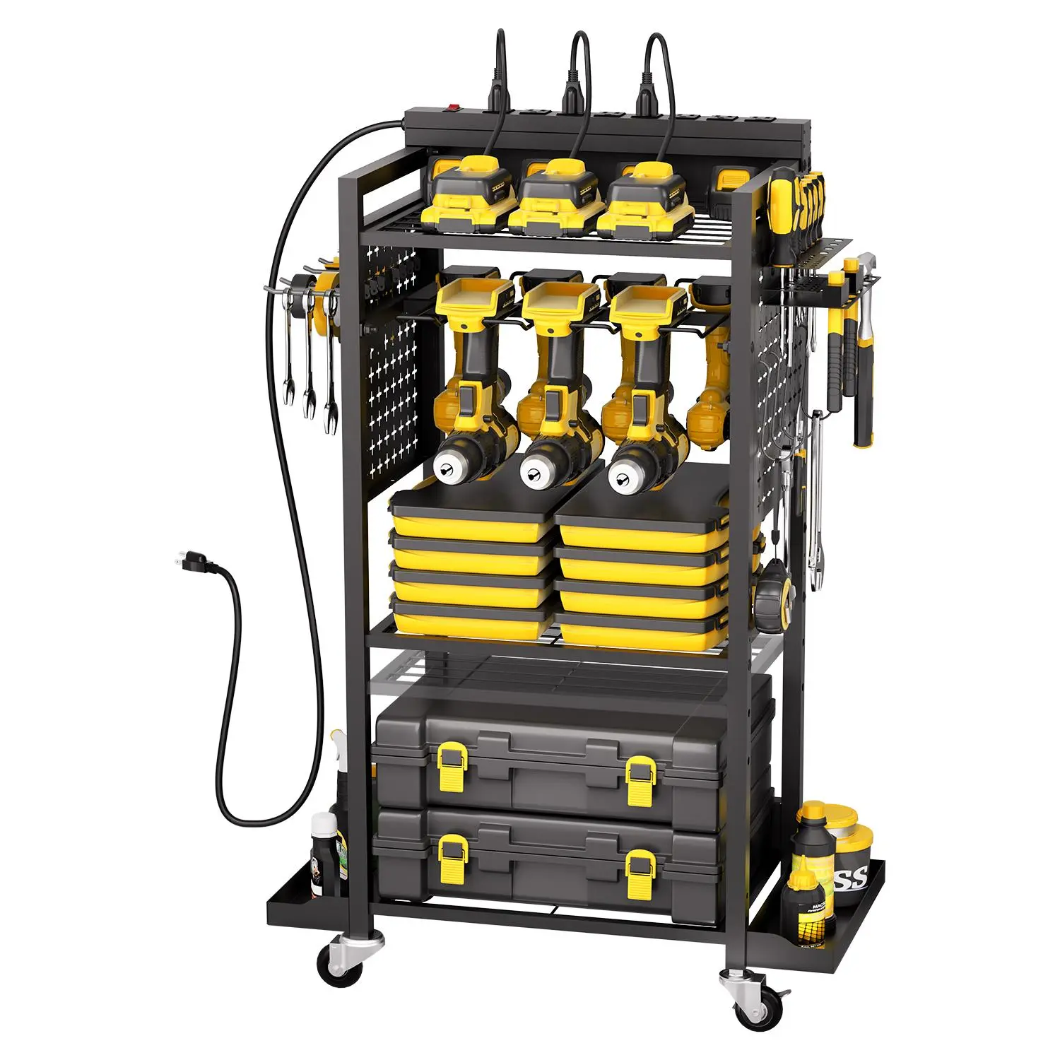 【summerfinds】VEVOR 4-Tier Rolling Charging Station Organizer Cart, 8 AC Outlets, 3 Shelves, 2-Inch 360° Rotation Swivel Casters, Drill Holder Rack, Battery Storage Rack, Side Pegboard, 150 lbs Capacity, 16.5x11.8x34.1 Inches, for Garage Workshop