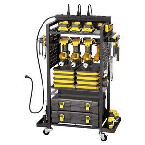 【fathersdaygift】VEVOR 4-tier Tool Organizer Cart with Charging Station, 8 AC Outlet, Floor Stand Rolling Drill Holder and Tool Battery Storage Rack on Wheels, Garage Floor Rolling Storage Cart for Workshop, Garage