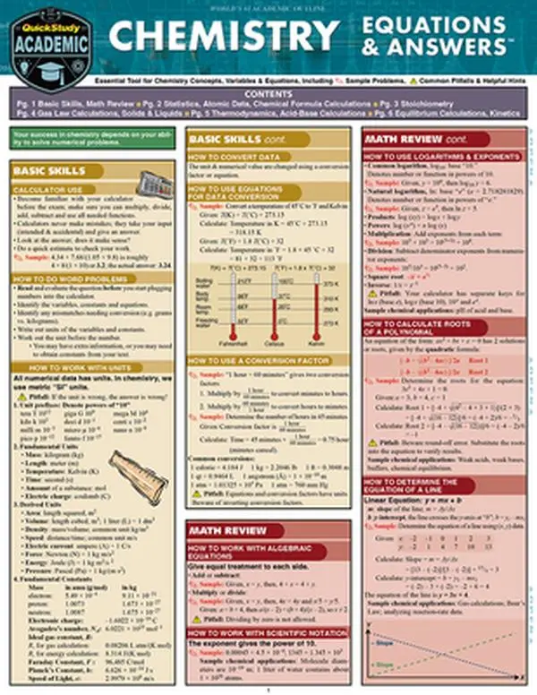 Chemistry Equations & Answers Quickstudy Laminated Reference Guide by Mark Jackson (College, High School Textbook), 11.2" h x 8.7" l x 0.2" w, English, Boosting Test Scores Poster