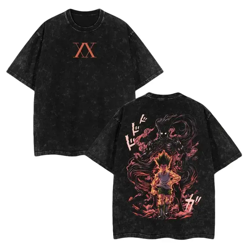 Men's Hunter x Hunter Gon Graphic T-Shirt - Vintage Washed, Oversized 230gsm Heavyweight Soft Cotton, Round Neck, Ribbed, Short Sleeve, Chic Streetwear Anime Print Top (Pre-Washed)