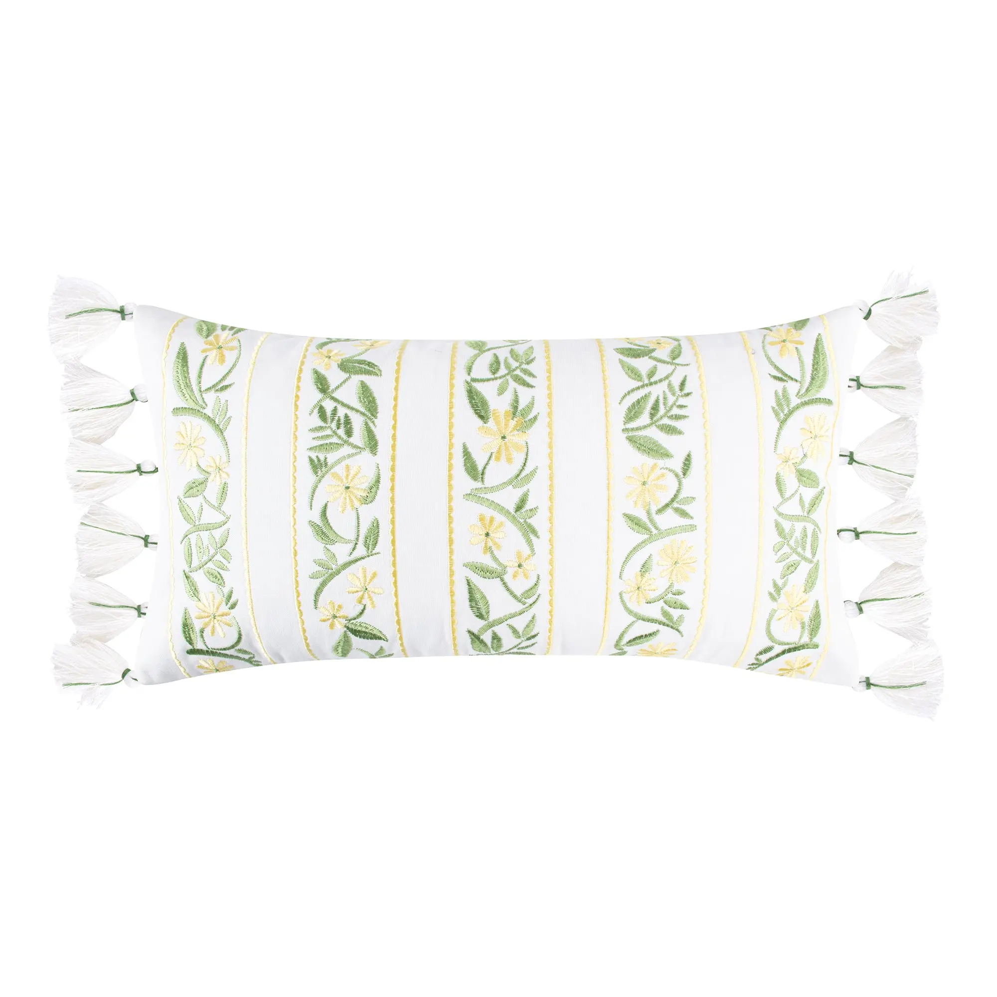 Decorative Daffodil Motif Embroidered Stripe Floral Bedding Pillow - Playful Tassel Edges, Removable Cover, Easy Care, Feather Insert, Ideal for Cozy Bed Setup & Cozy Corner