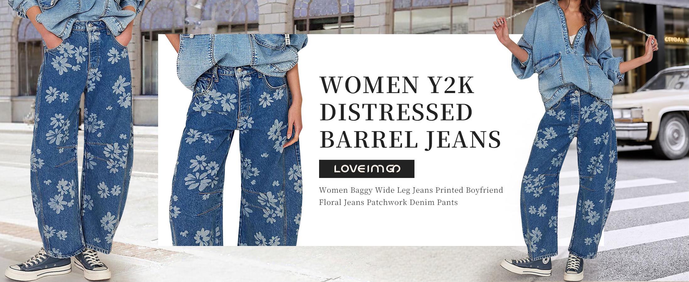 Chouyatou Women's Simple Floral Jeans Y2K Loose Wide-Leg Jeans Boyfriend Style Printed Stitching Jeans SpringStatements