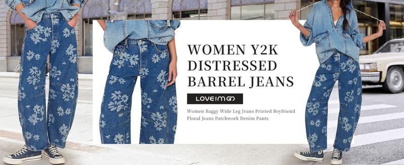 Chouyatou Women's Simple Floral Jeans Y2K Loose Wide-Leg Jeans Boyfriend Style Printed Stitching Jeans