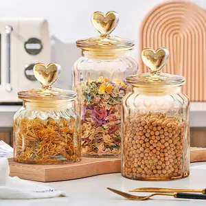Set of Three Kitchen Storage Canister Raindrop Pattern Glass Storage Jar with Heart Shaped Ceramic Seal Lid Storage Container food conteiner household Lidded Sugar Bottles Transparent Utensils meal prep containers seed dry good Airtight hermetic