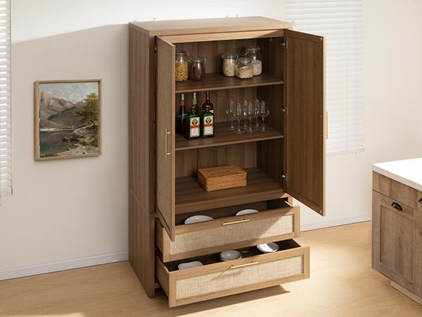 SICOTAS Rattan Armoire Wardrobe Closet Cabinet, 71" Tall Wardrobe Storage Cabinet with Doors, Larger Drawers and Hanging Rod, Boho Armoire Clothes Organizer for Bedroom, Laundry Room, Cloak Room, Oak