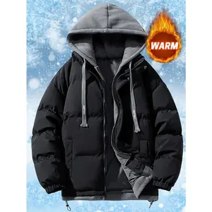 Men's stylish versatile handsome jacket with pockets, casual breathable black two-piece look zip-up long sleeve thick warm hooded winter coat, suitable for city strolls, street hangouts, and winter outdoor activities. Menswear Zipper