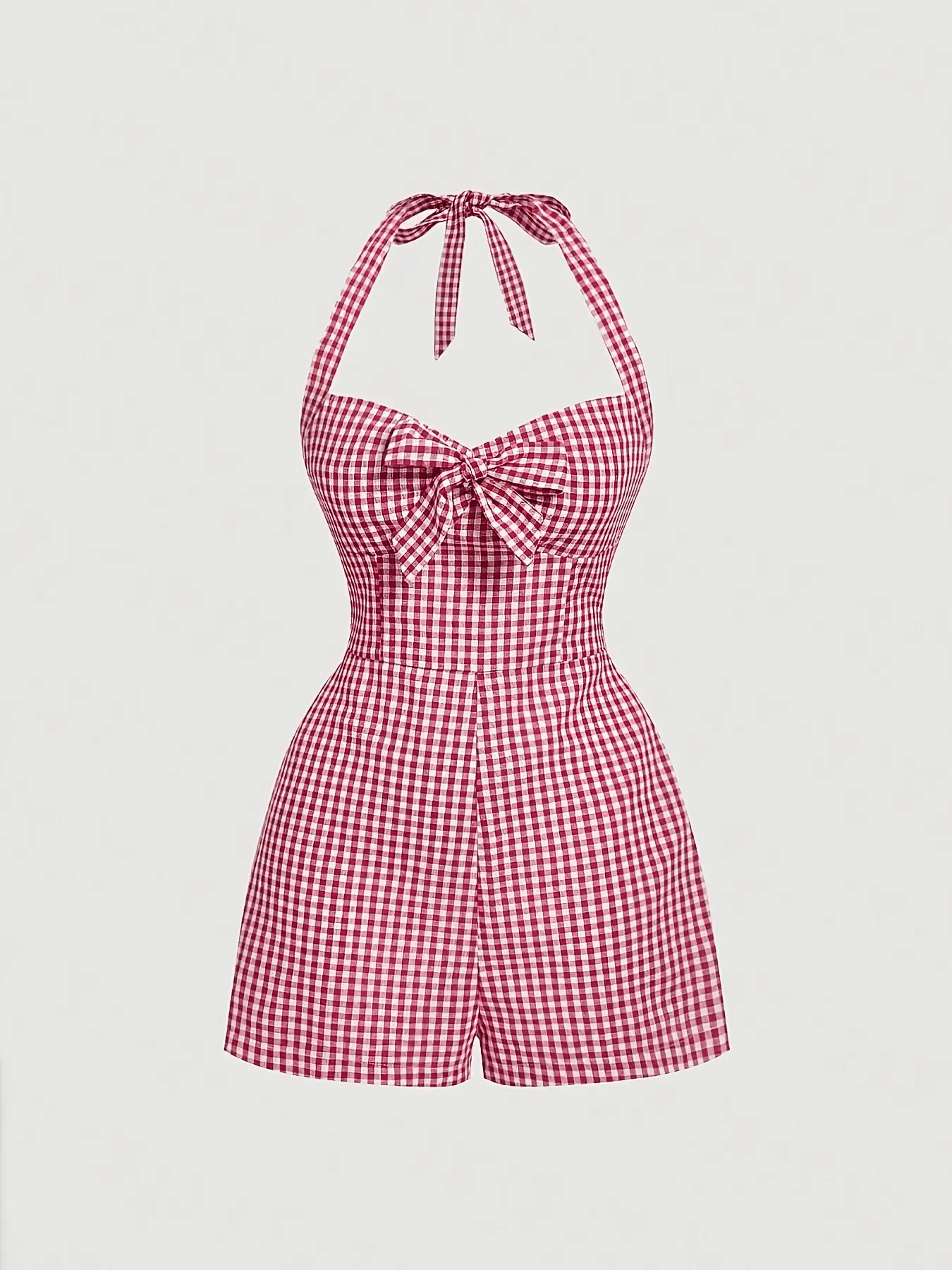 Women's Cute Plaid Halter Neck Tie Front Romper, Chic Overalls, Sleeveless, Casual Summer, High Waist Slim Fit, Sweet Cool Aesthetic Elegant Chic Style, Retro American Vintage, Beachwear, Overalls Jumpsuit