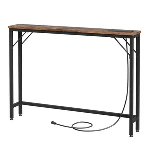 Brown Slim Console Table with Built-In Outlets Narrow Industrial-Style Sofa Table for Small Spaces Behind Couch Hallway Entryway
