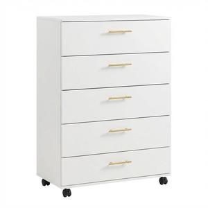 White 5-Drawer Dresser with Gold Handles Modern Storage Cabinet 30.71x15.83x46.46 inch 96.10 lbs Swivel Wheels Sleek Metal Handles