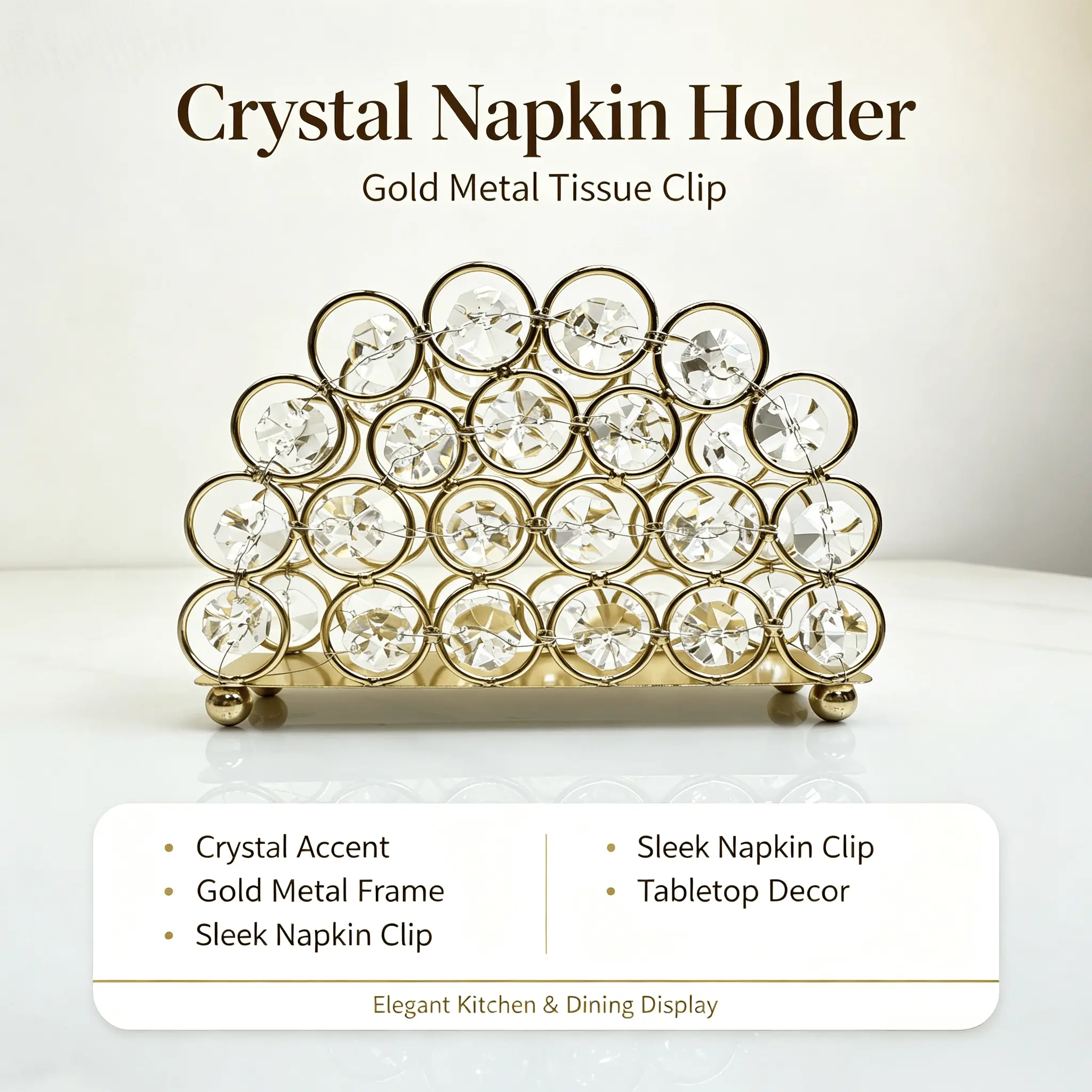 Luxurious Gold Crystal Durable Metal Napkin Holder with Clips - 1-Unit Napkin Storage Dispenser Box, Bathroom Tissue Rack Gadget, Wedding Glam Home Tabletop Accent for Party Events, Special Occasions