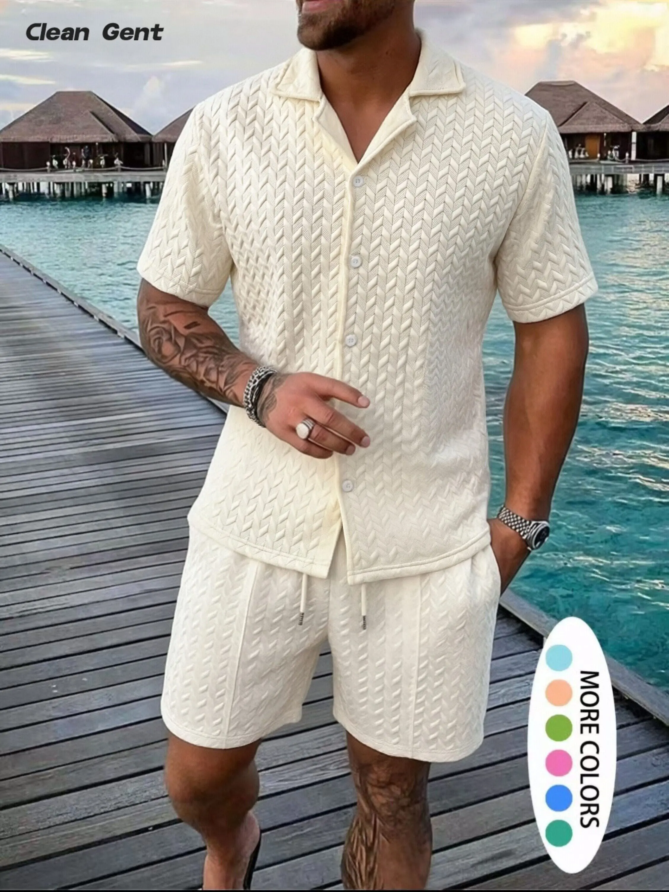 Clean Gent men’s textured button-front shirt, casual regular fit short-sleeve collared top suitable for summer; comfortable everyday menswear.