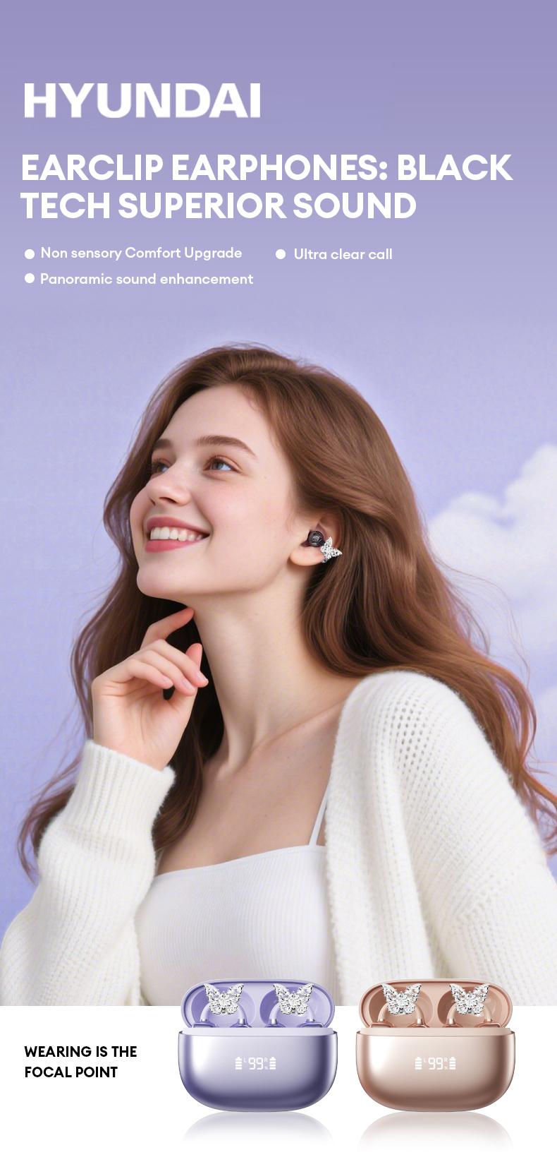 HYUNDAI Clipbuds 7 Clip-on Design Wireless Headphones, Powerful Sound Effects for Music, Dustproof & Waterproof Sports Earbuds for Running, Workout, Audio