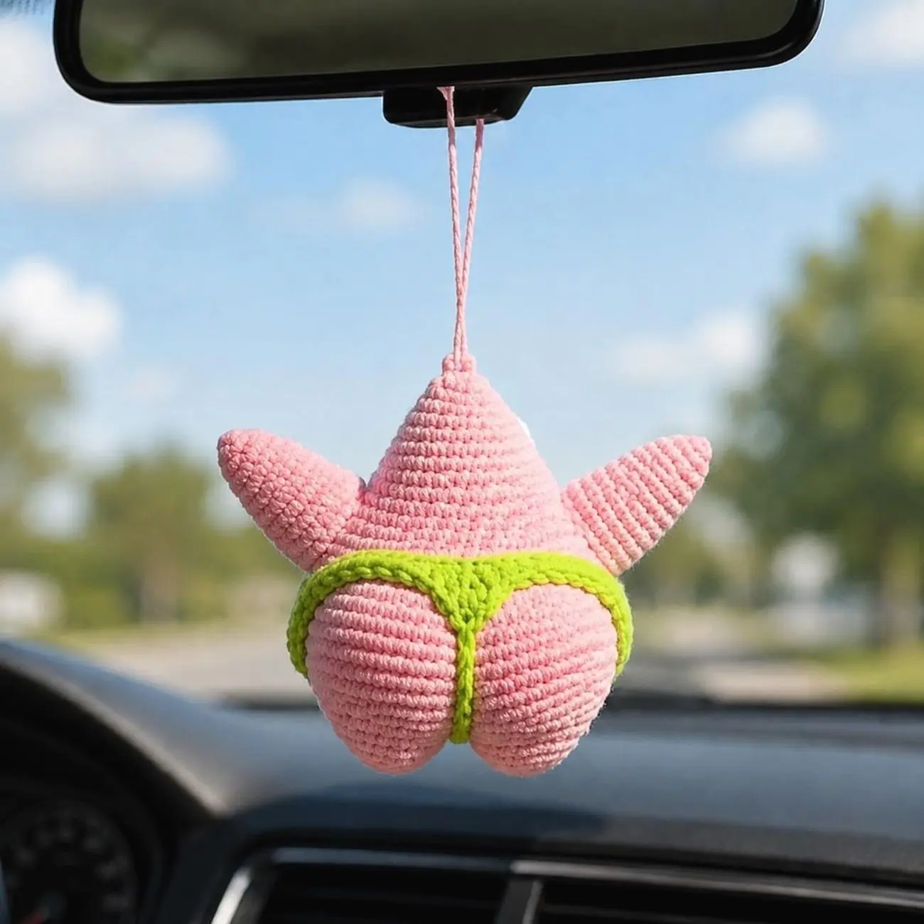 Crochet Pink Starfish Car Hanging Ornament, Handmade Amigurumi Rearview Mirror Charm, Keychain Funny Plush For Backpack