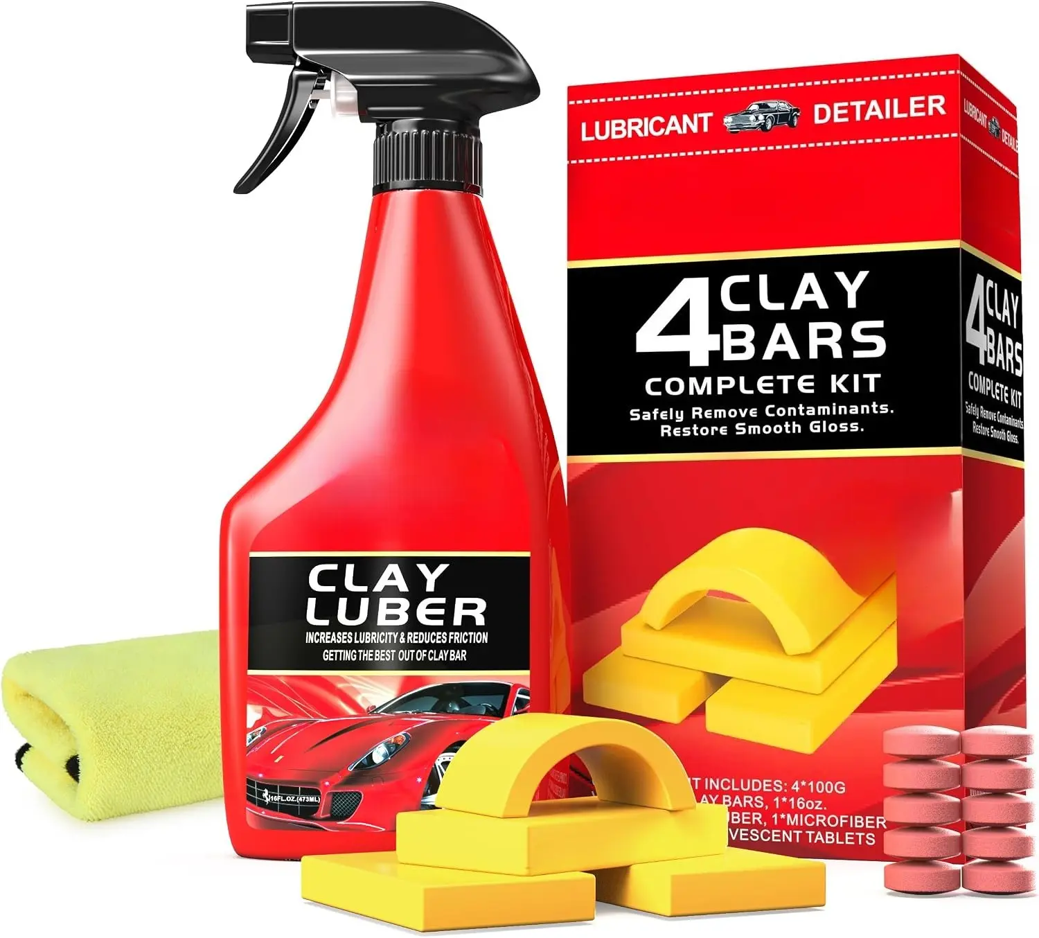 DIBMS Heavy Duty Car Clay Bar Kit, Auto Detailing Clay Luber Synthetic Lubricant Kit with 4 Clay Bars, 10 Pack Clay Bar Lubricant Tablets, Spray Bottle & Microfiber Towel for Car Detailing Cleaning