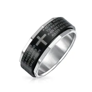 Black Spinner Religious Cross Words Lords Prayer Fidget Band Ring Stainless Steel