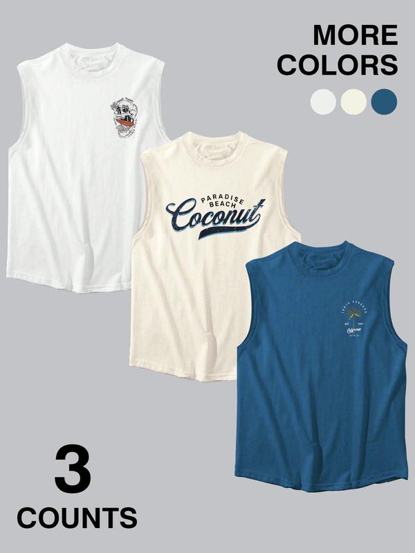 Men's Coconut Tree & Skull Print Tank Top, Loose Casual Soft Comfy Sleeveless Vest for Summer, Men's Top for Beach Vacation