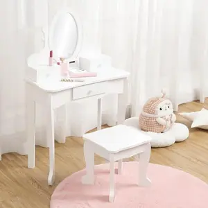 Kids Vanity Set,Girls Makeup Vanity Set with Adjustable Mirror, Makeup Table and Stool,Wood Dressup Playset for 4-9,White