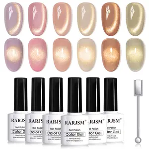 RARJSM Nude Gold Glitter Cat Eye Gel Nail Polish Set 6Pcs Pink Light Purple Brown Gray Green with Magnet Stick for Long Lasting Shine