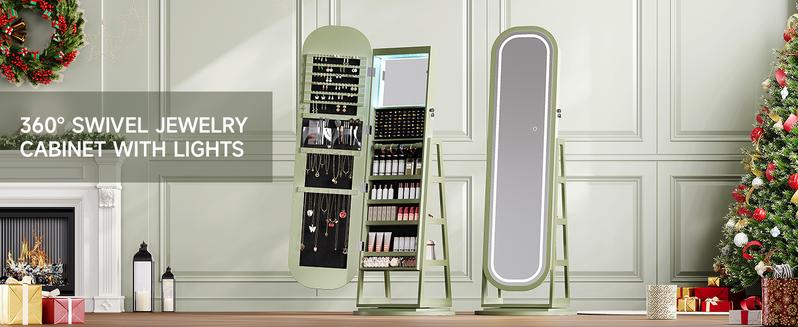 【LED Jewelry Mirror & Valentine's Day Gift】ONBRILL 360° Swivel Jewelry Mirror Cabinet with Lights Inside Makeup Mirror Standing Jewelry Armoire Organizer Rotatable Full-Length Mirror with Jewelry Storage Lockable with Back Storage Shelves 【LED Jewelry Mirror & Valentine's Day Gift】ONBRILL 360° Swivel Jewelry Mirror Cabinet with Lights Inside Makeup Mirror Standing Jewelry Armoire Organizer Rotatable Full-Length Mirror with Jewelry Storage Lockable with Back Storage Shelves