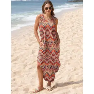 Summer dress, extra-long dress, vacation beach tank dress with pockets, European and American fashion style, plus-size dress