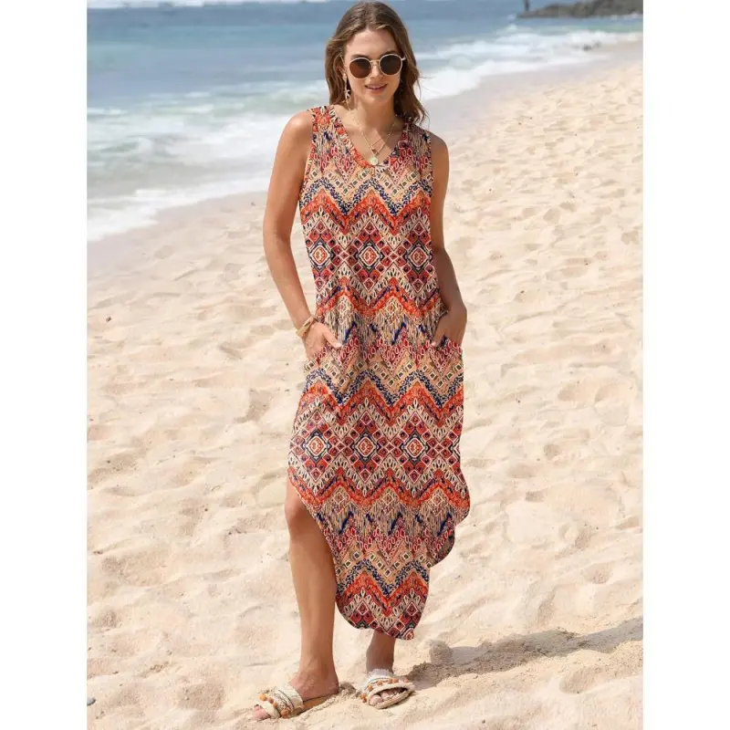 Summer dress, extra-long dress, vacation beach tank dress with pockets, European and American fashion style, plus-size dress - TikTok Shop Summer dress, extra-long dress, vacation beach tank dress with pockets, European and American fashion style, plus-size dress - TikTok Shop